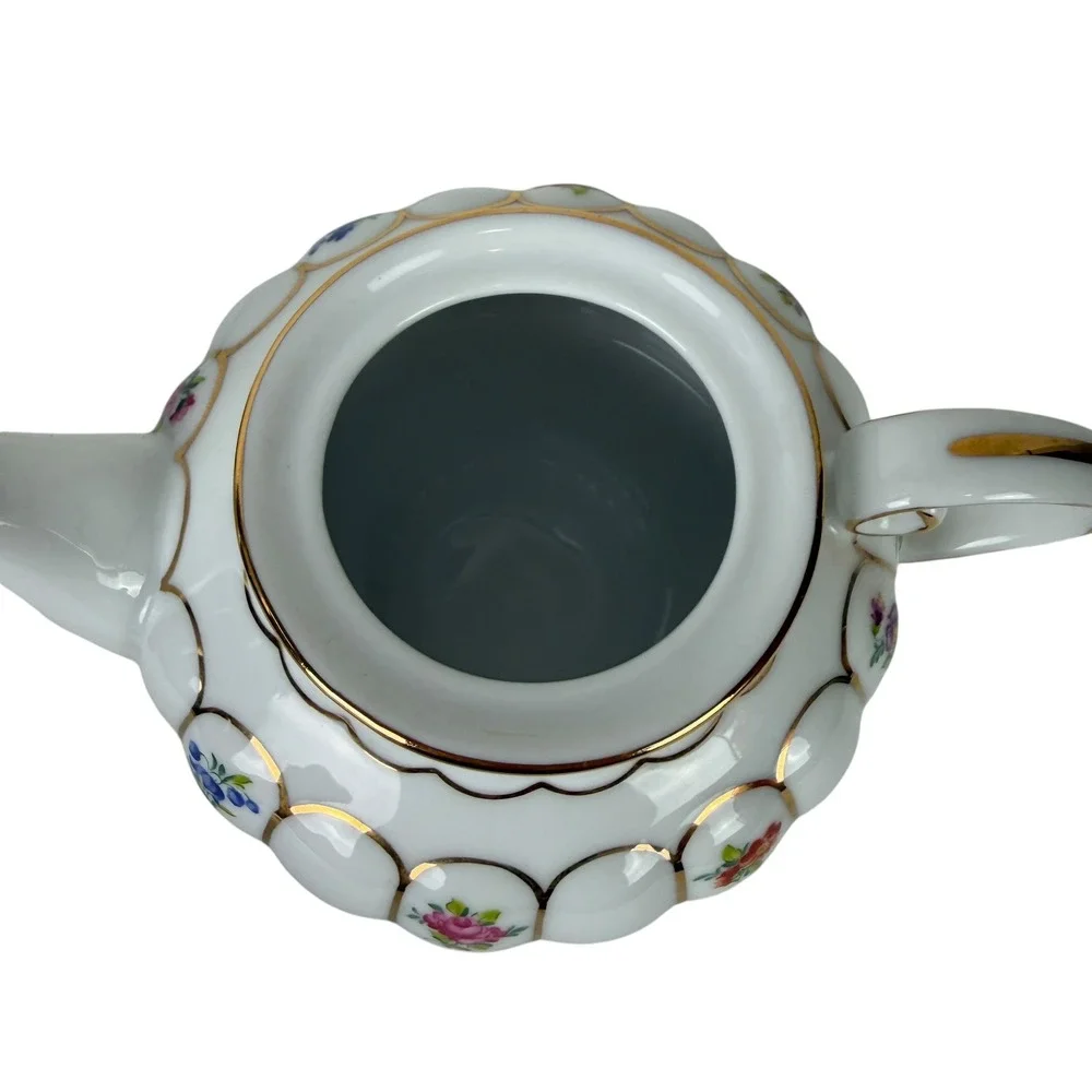 Ganz Floral Porcelain Tea for One Set White Gold Trim Stackable Teapot Teacup